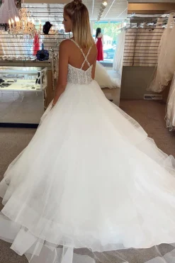 A-Line Tulle Spaghetti Straps White Corset Long Wedding Dress with Beading