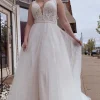 A-Line Tulle White Long Plus Size Wedding Dress with Beading