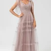 A-Line V Neck Dusty Pink Long Bridesmaid Dress with Beading