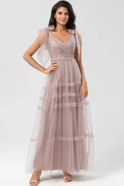 A-Line V Neck Dusty Pink Long Bridesmaid Dress with Beading
