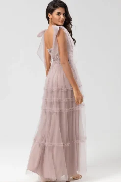 A-Line V Neck Dusty Pink Long Bridesmaid Dress with Beading