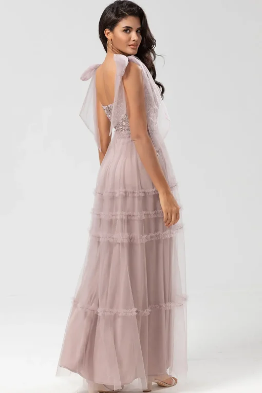 A-Line V Neck Dusty Pink Long Bridesmaid Dress with Beading