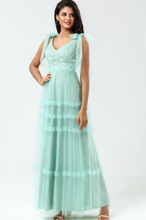 A-Line V Neck Dusty Pink Long Bridesmaid Dress with Beading