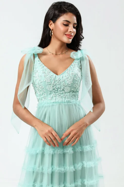 A-Line V Neck Dusty Pink Long Bridesmaid Dress with Beading
