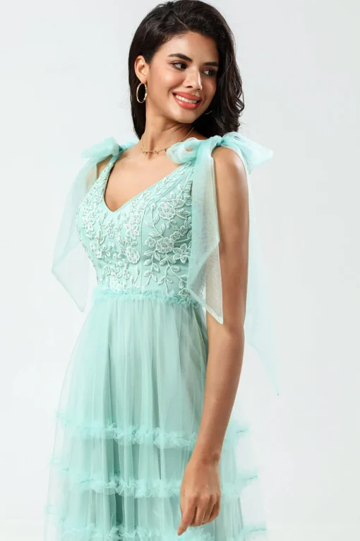 A-Line V Neck Dusty Pink Long Bridesmaid Dress with Beading