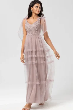 A-Line V Neck Dusty Pink Long Bridesmaid Dress with Beading