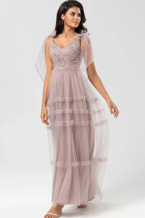 A-Line V Neck Dusty Pink Long Bridesmaid Dress with Beading