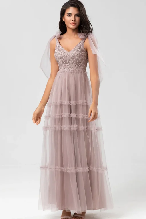 A-Line V Neck Dusty Pink Long Bridesmaid Dress with Beading