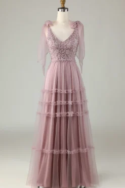 A-Line V Neck Dusty Pink Long Bridesmaid Dress with Beading