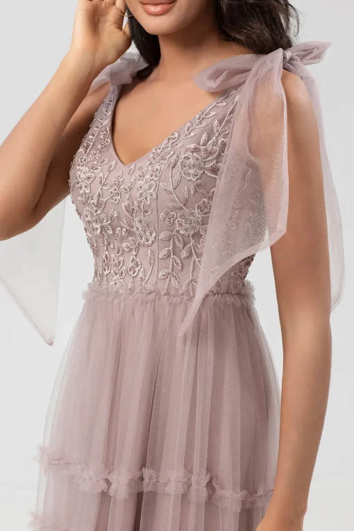 A-Line V Neck Dusty Pink Long Bridesmaid Dress with Beading