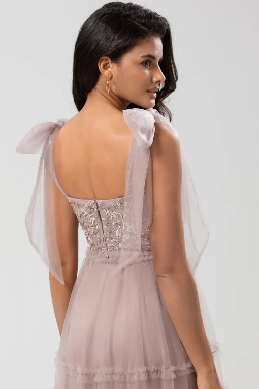A-Line V Neck Dusty Pink Long Bridesmaid Dress with Beading
