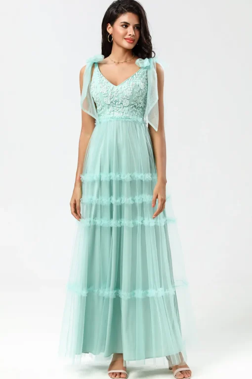 A-Line V Neck Dusty Pink Long Bridesmaid Dress with Beading