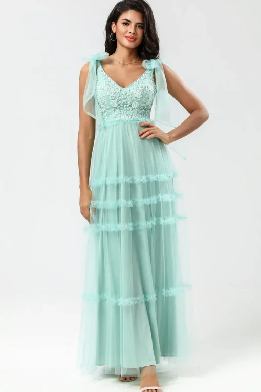 A-Line V Neck Dusty Pink Long Bridesmaid Dress with Beading
