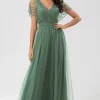 A-Line V Neck Eucalyptus Long Bridesmaid Dress with Beading