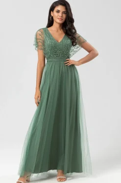 A-Line V Neck Eucalyptus Long Bridesmaid Dress with Beading