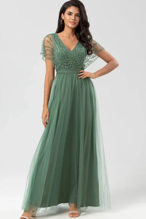 A-Line V Neck Eucalyptus Long Bridesmaid Dress with Beading