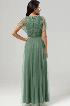 A-Line V Neck Eucalyptus Long Bridesmaid Dress with Beading
