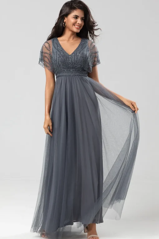A-Line V Neck Eucalyptus Long Bridesmaid Dress with Beading
