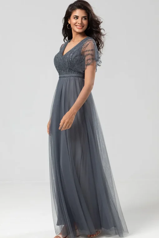 A-Line V Neck Eucalyptus Long Bridesmaid Dress with Beading