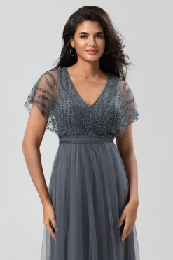 A-Line V Neck Eucalyptus Long Bridesmaid Dress with Beading