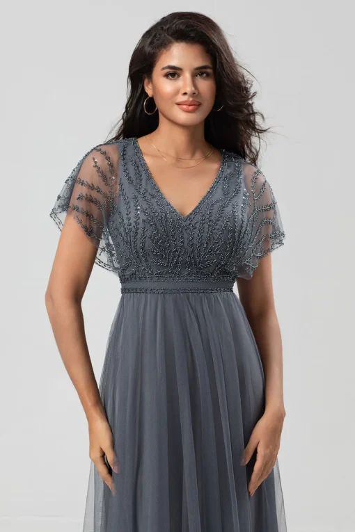 A-Line V Neck Eucalyptus Long Bridesmaid Dress with Beading