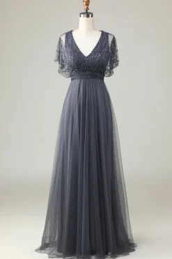 A-Line V Neck Eucalyptus Long Bridesmaid Dress with Beading