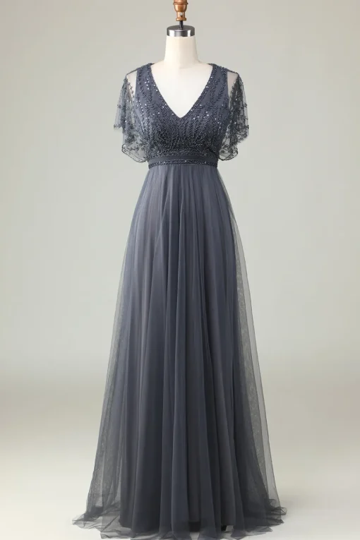 A-Line V Neck Eucalyptus Long Bridesmaid Dress with Beading