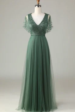 A-Line V Neck Eucalyptus Long Bridesmaid Dress with Beading