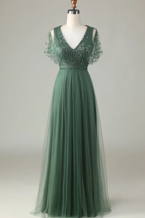 A-Line V Neck Eucalyptus Long Bridesmaid Dress with Beading