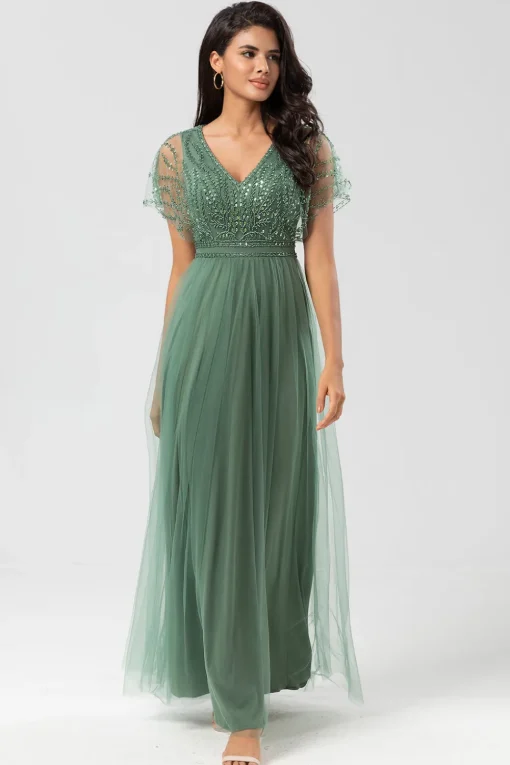 A-Line V Neck Eucalyptus Long Bridesmaid Dress with Beading
