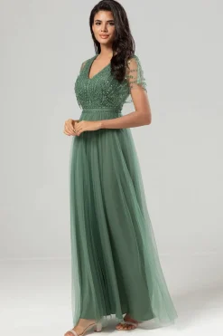A-Line V Neck Eucalyptus Long Bridesmaid Dress with Beading