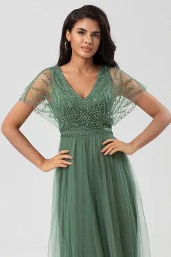 A-Line V Neck Eucalyptus Long Bridesmaid Dress with Beading