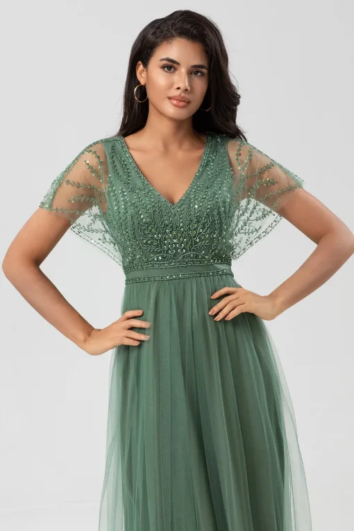 A-Line V Neck Eucalyptus Long Bridesmaid Dress with Beading