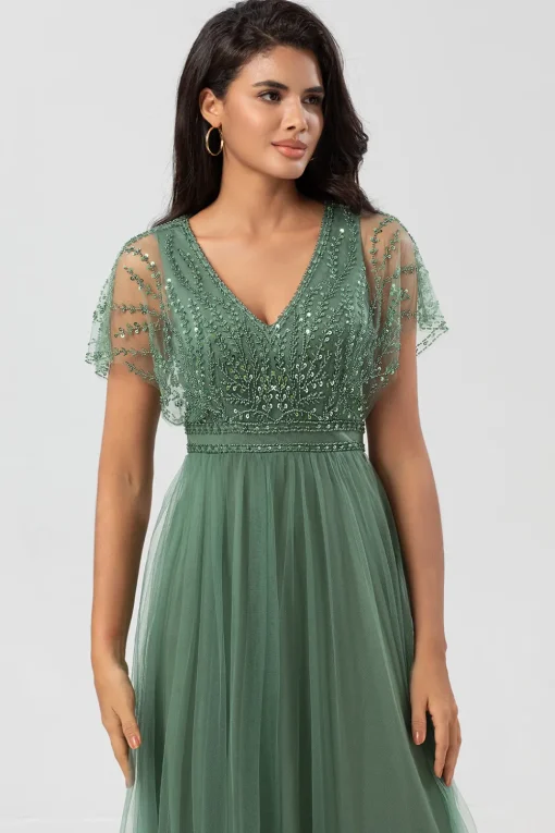 A-Line V Neck Eucalyptus Long Bridesmaid Dress with Beading