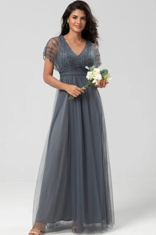 A-Line V Neck Eucalyptus Long Bridesmaid Dress with Beading