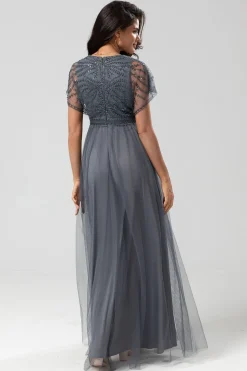 A-Line V Neck Eucalyptus Long Bridesmaid Dress with Beading