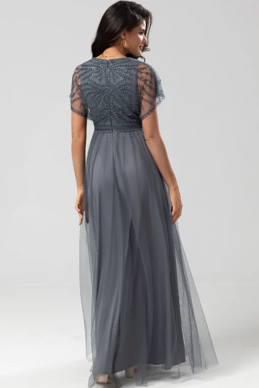 A-Line V Neck Eucalyptus Long Bridesmaid Dress with Beading