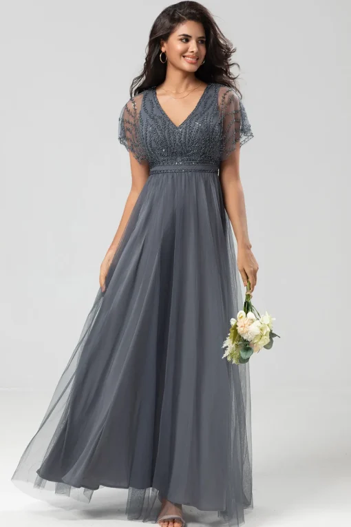 A-Line V Neck Eucalyptus Long Bridesmaid Dress with Beading