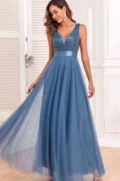 A-Line V-Neck Blue Prom Dress