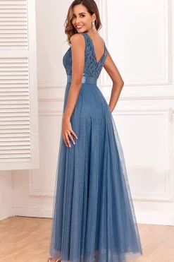 A-Line V-Neck Blue Prom Dress