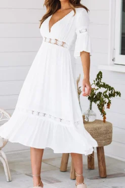 A-Line V-Neck Short Sleeves White Graduation Dress