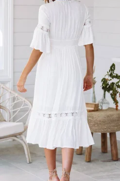 A-Line V-Neck Short Sleeves White Graduation Dress