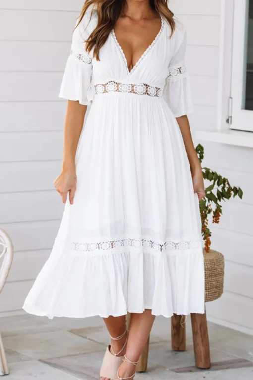 A-Line V-Neck Short Sleeves White Graduation Dress