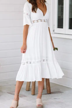 A-Line V-Neck Short Sleeves White Graduation Dress