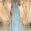 A-line V-neck Silver Long Pleated Prom Dress