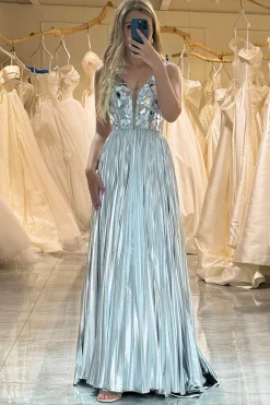 A-line V-neck Silver Long Pleated Prom Dress
