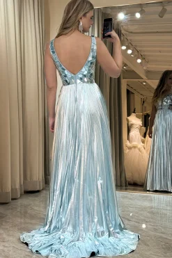 A-line V-neck Silver Long Pleated Prom Dress