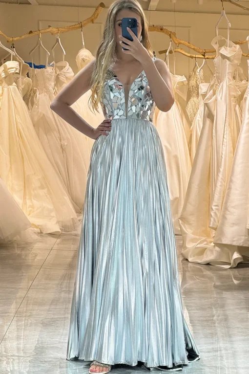 A-line V-neck Silver Long Pleated Prom Dress