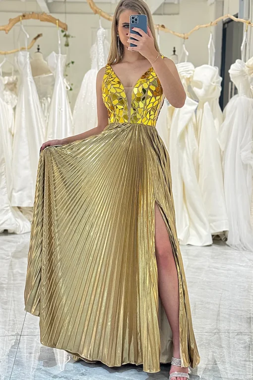 A-line V-neck Silver Long Pleated Prom Dress