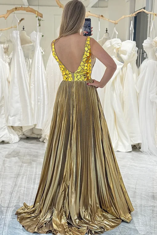A-line V-neck Silver Long Pleated Prom Dress